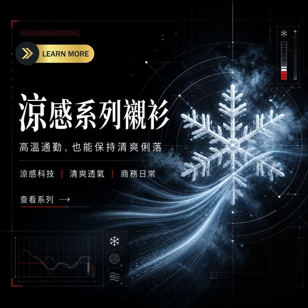 衣十五涼感系列襯衫分類圖，黑色科技風背景搭配冰晶雪花與冷氣流線，呈現夏季通勤清爽透氣的商務襯衫機能