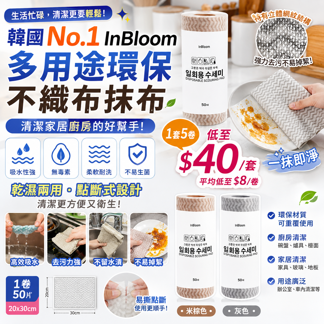 【UB9584】韓國InBloom清潔家居廚房多用途環保不織布抹布 (1套5卷)