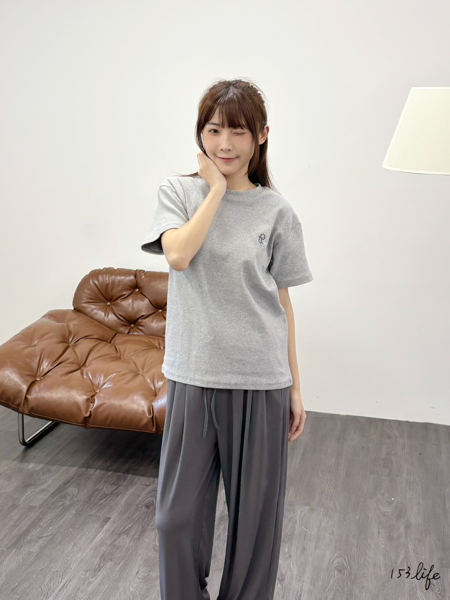 A17🇰🇷刺繡小標圓領彈性上衣(4色)