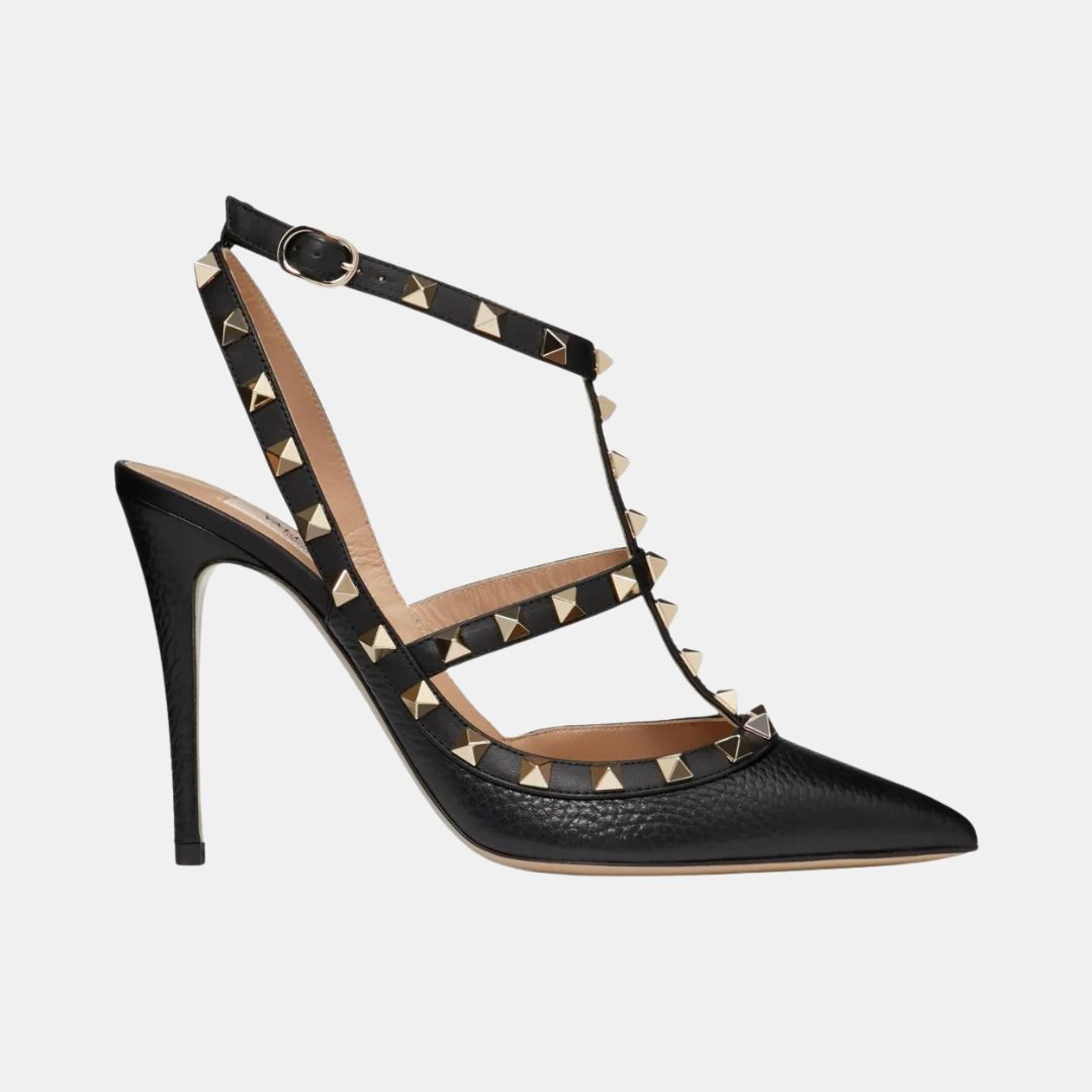 1FF0101-163 VALENTINO GARAVANI Rockstud Grainy Leather Ankle Strap Pump 100 Mm Nero/Poudre (SS26) #8W2S0393VOD.N91 (S-EU-E)