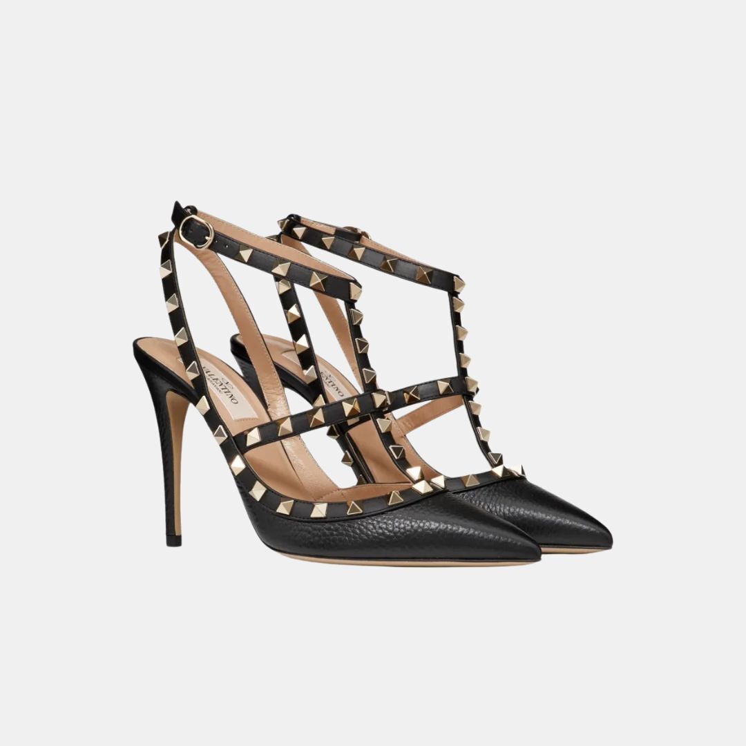 1FF0101-163 VALENTINO GARAVANI Rockstud Grainy Leather Ankle Strap Pump 100 Mm Nero/Poudre (SS26) #8W2S0393VOD.N91 (S-EU-E)