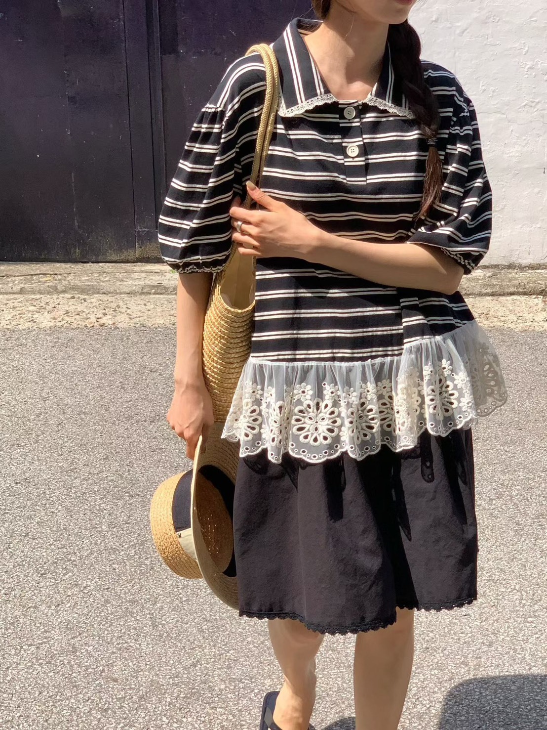 條紋有領拚蕾絲polo衫