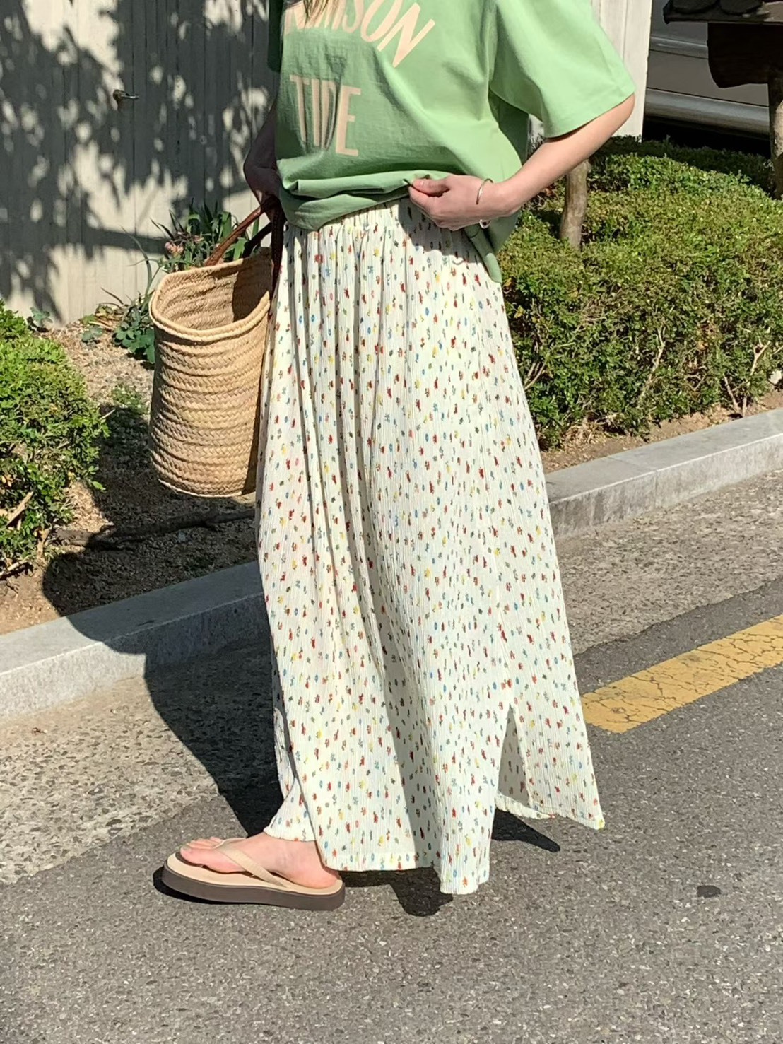 細褶點花休閒長裙