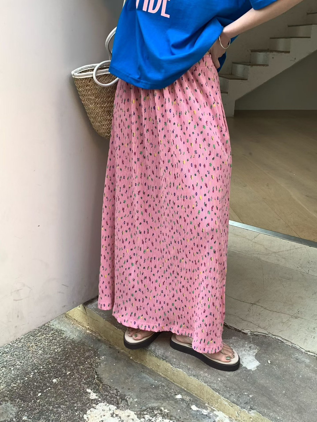 細褶點花休閒長裙