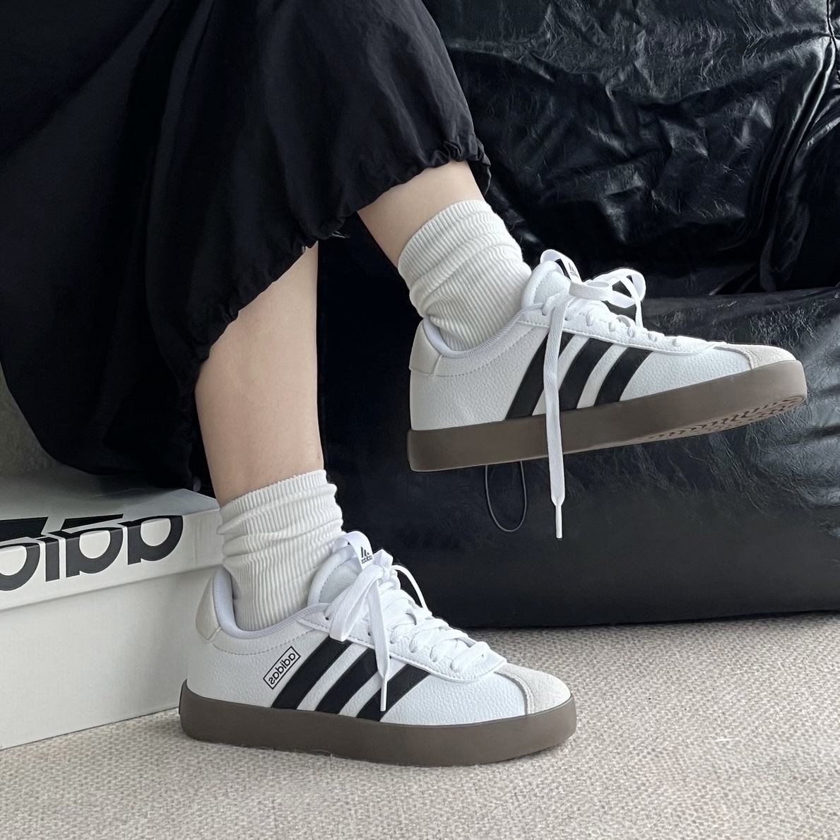 ADIDAS VL COURT 3.0 白黑 皮革 麂皮 焦糖底 德訓鞋 休閒鞋 女鞋 ID8797