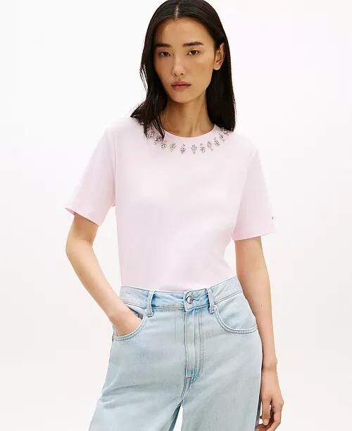 [USW] TOMMY HILFIGER PINK WOMEN'S RIBBED BLING T-SHIRT, UZZ349 (UZZ349)