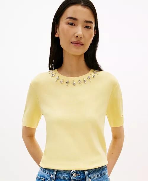 [USW] TOMMY HILFIGER YELLOW WOMEN'S RIBBED BLING T-SHIRT, UZZ350 (UZZ350)