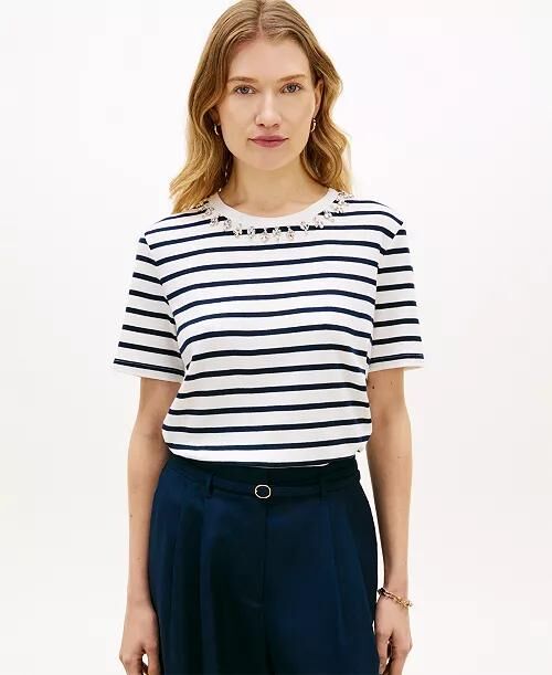 [USW] TOMMY HILFIGER NAVY STRIPE WOMEN'S RIBBED BLING T-SHIRT, UZZ351 (UZZ351)