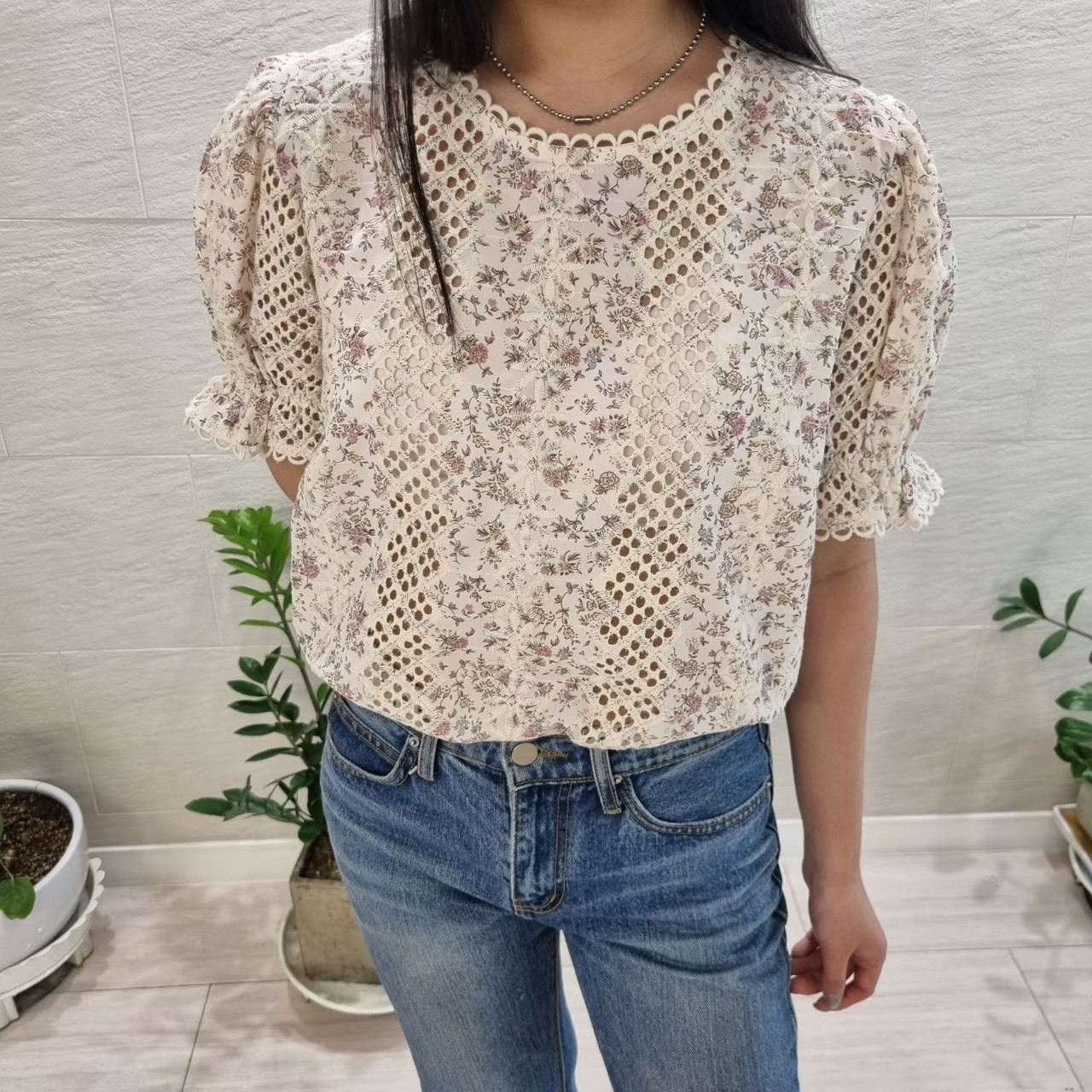 印花蕾絲襯衫