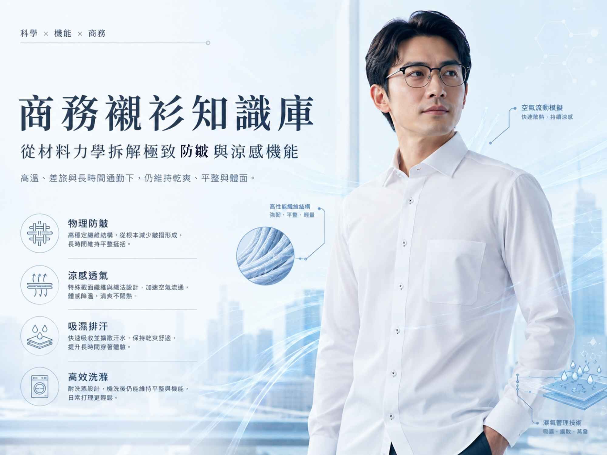 衣十五白色商務襯衫推薦，具備防皺、涼感、吸濕排汗機能，適合台灣夏季商務職場男性穿搭。