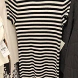 [S] DKNY BLACK/EGGNOG/SILVER LUREX STRIPE MOCK NECK LOGO DRESS, DJ6R0998-QLO (SD2075)