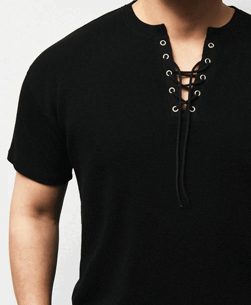 Hollow-out tie-up waffle short-sleeved T-shirt