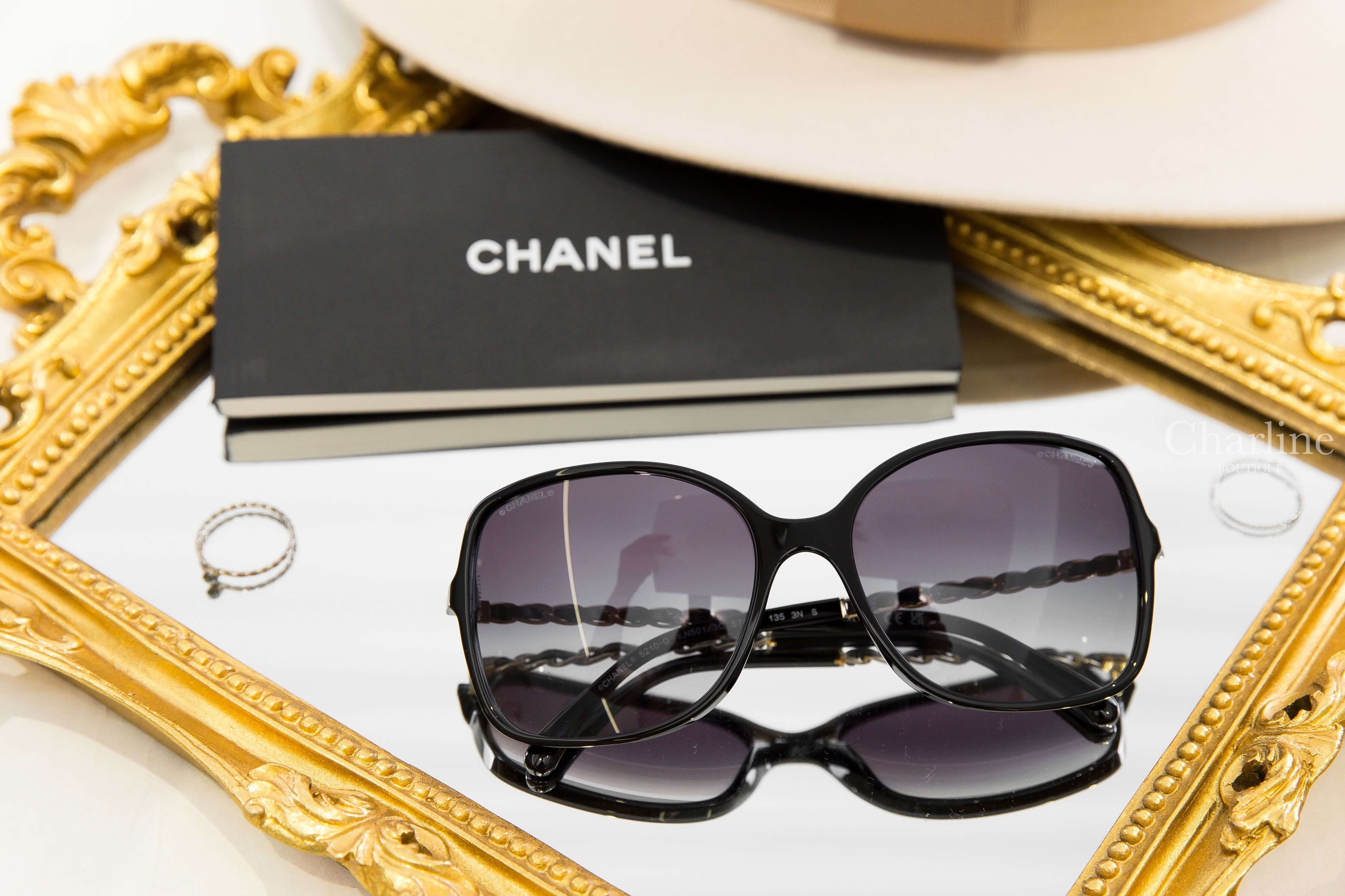 Chanel Square Sunglasses 黑色方框灰色漸層鏡片側邊黑CC皮穿金鏈太陽眼鏡