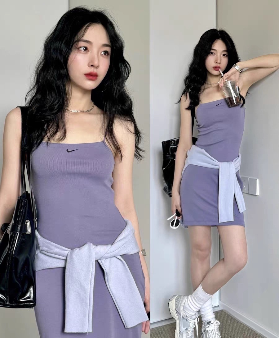 代購-<辣妹必備>NIKE SPORTSWEAR 小勾 細肩帶 羅紋 短洋裝 連身裙 小短裙 （黃/紫）