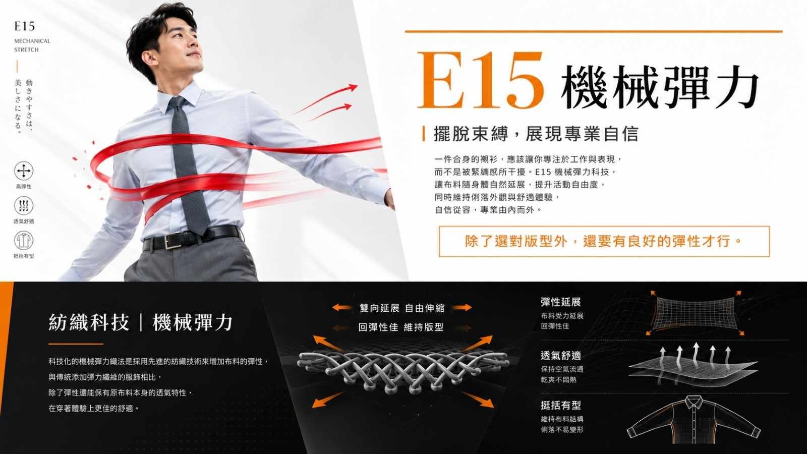 衣十五 E15 機械彈力商務襯衫，採用彈性纖維與透氣織法，提升活動延展性與穿著舒適度，適合上班族與商務人士日常穿搭。