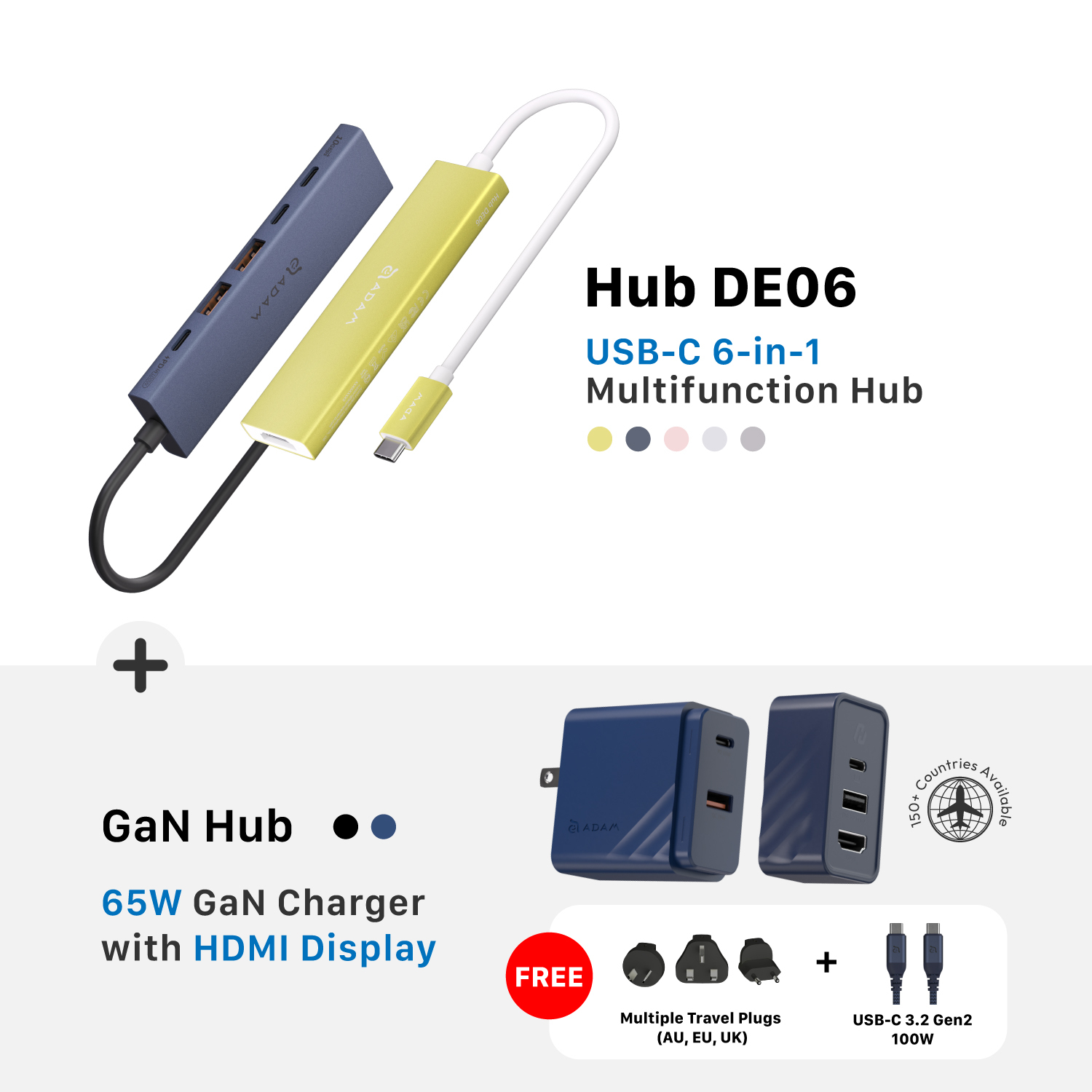 Hub DE06 USB-C 6-in-1 Multifunction Hub + GaN Hub 65W GaN Charger with HDMI Display