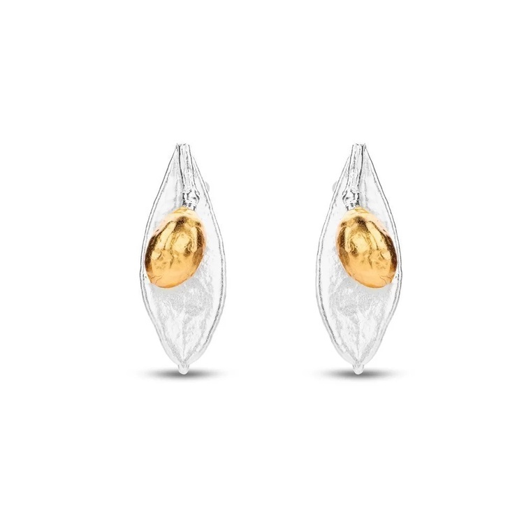 1TA0530-075 [THALLO] Athena Olive Earrings Leaf With Fruit, Studs, 24K Gold And Sterling Silver #s302a (EU)