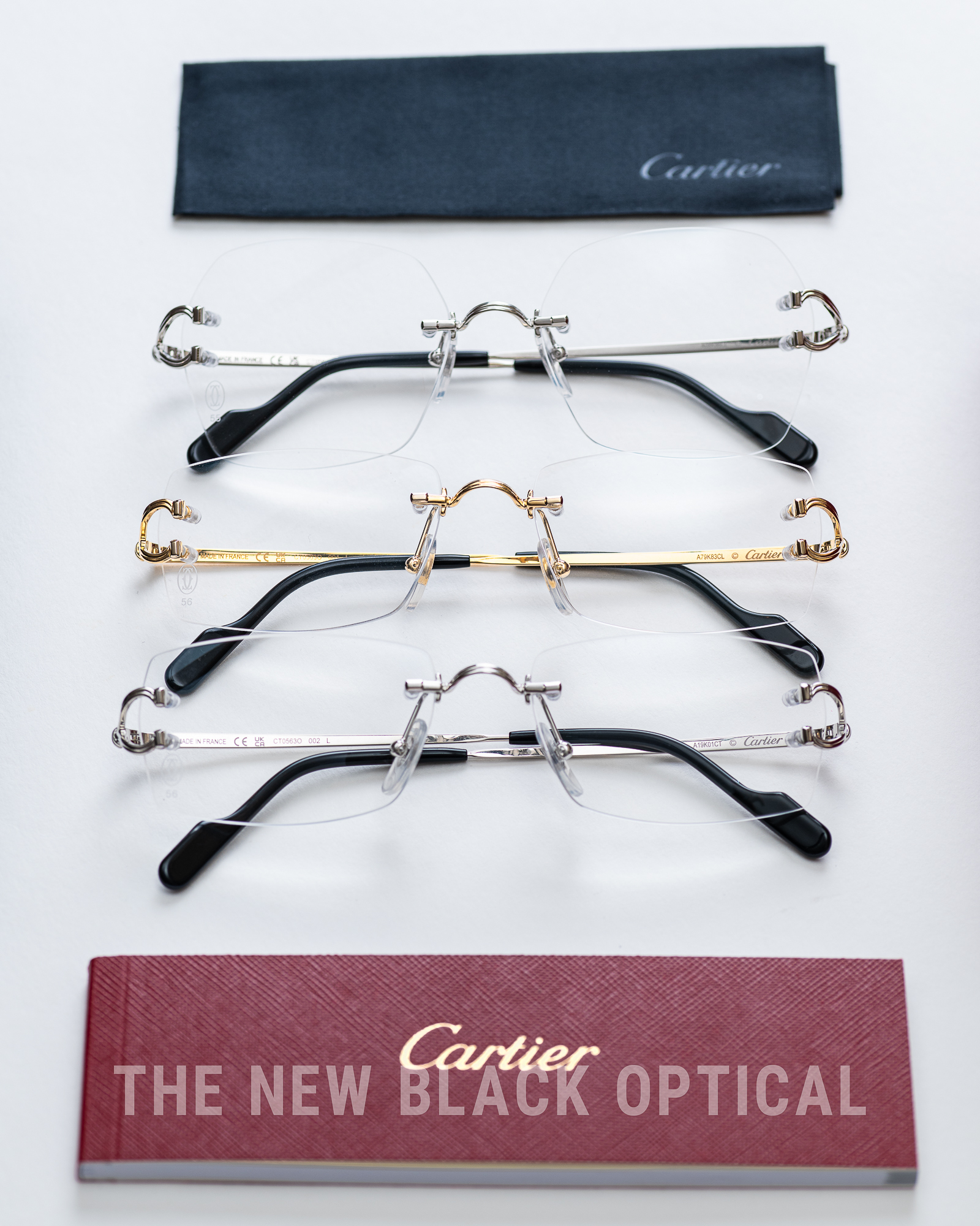 卡地亞 Cartier 2026 全新無框長方形眼鏡正面,展示奢華黃金飾面中樑與簡練俐落的尊貴線條