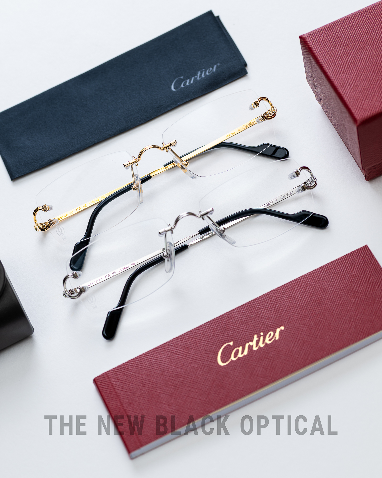 卡地亞 Cartier 2026 全新無框長方形眼鏡正面,展示奢華黃金飾面中樑與簡練俐落的尊貴線條