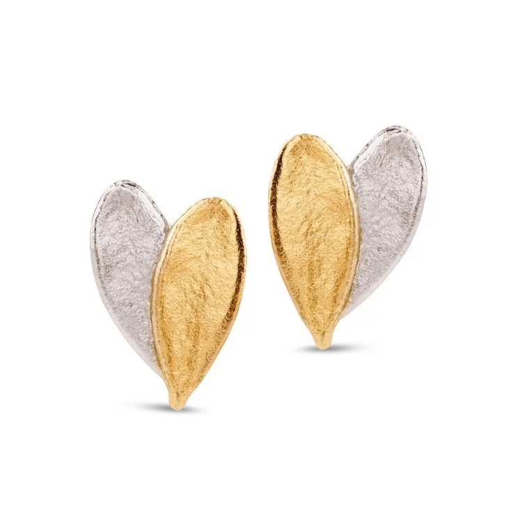 1TA0530-077 [THALLO] Athena Olive Earrings Mini Two Leaves, Studs, 24K Gold And Sterling Silver #s090b (EU)