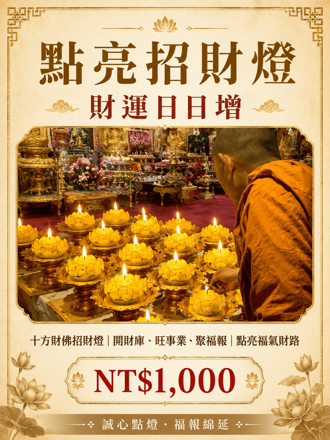 金色招財事業燈與高僧佛前點燈照片