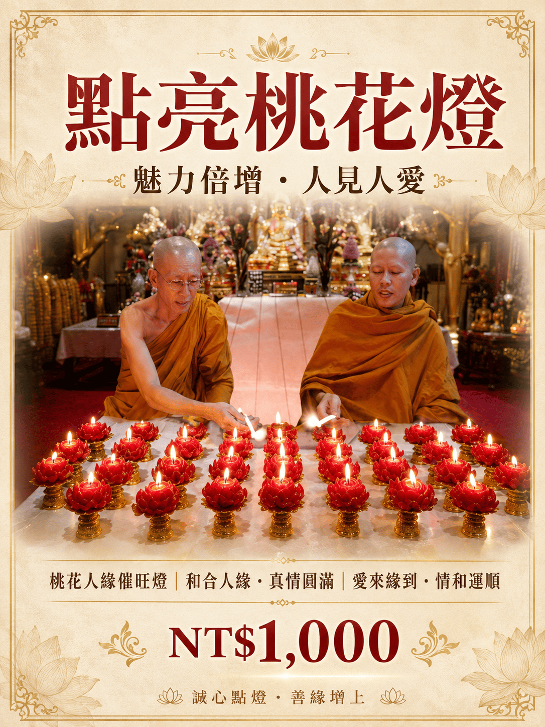 紅色桃花人緣燈與高僧佛前點燈照片