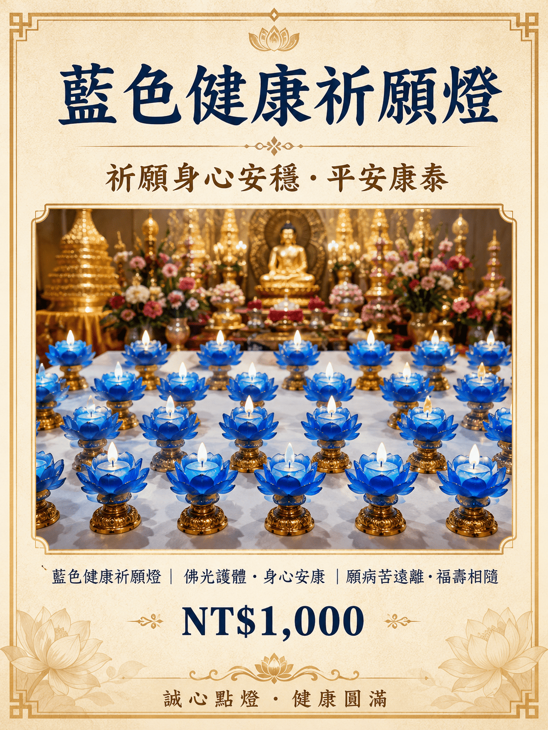 藍色健康平安燈與高僧佛前點燈照片