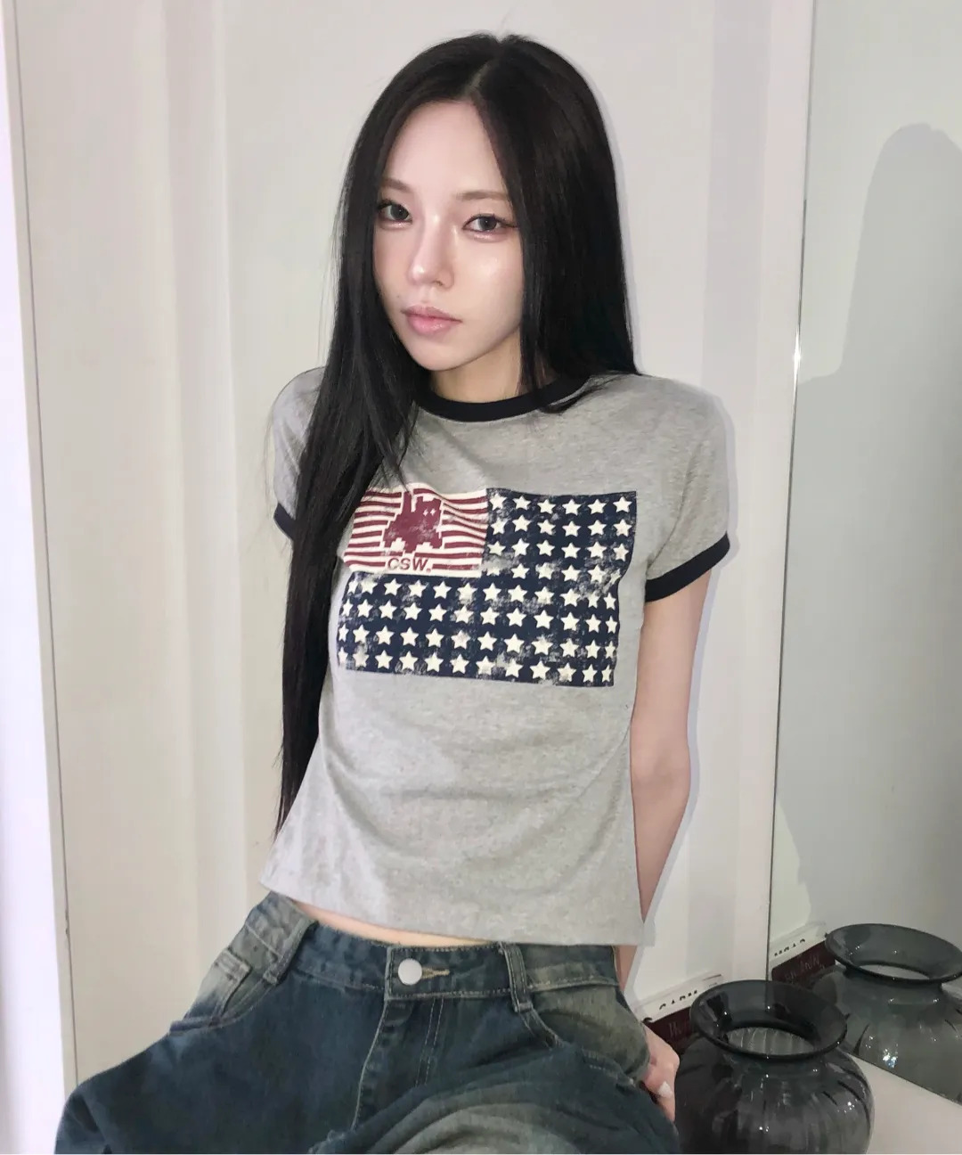 韓國 CSW 美國貓撞色短袖