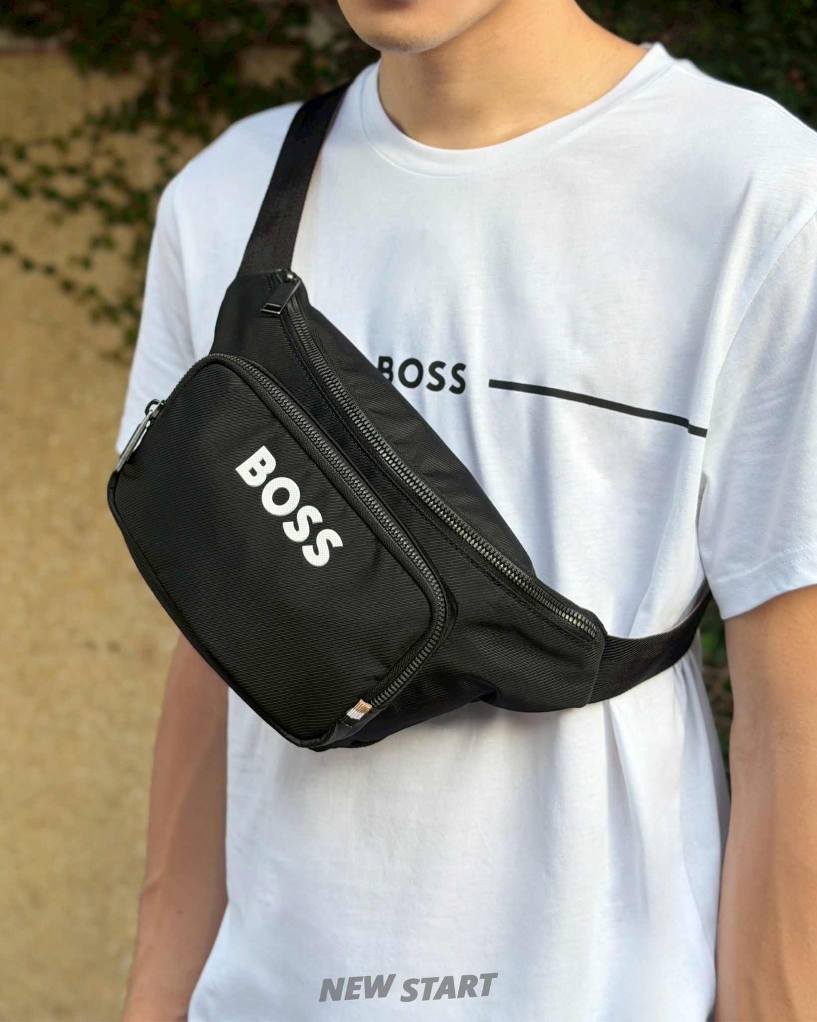 Boss 立體字母 雙層拉鍊 帆布腰包