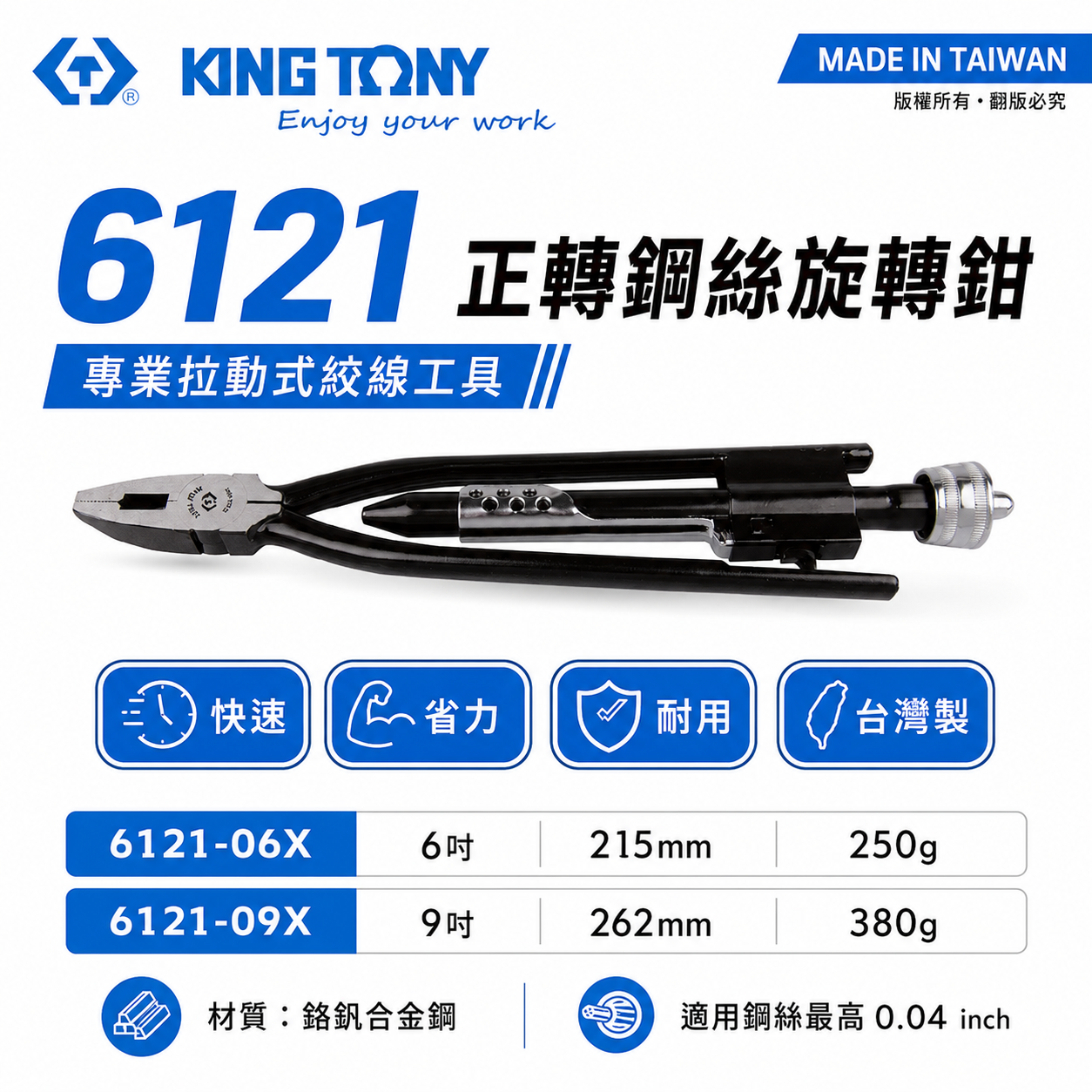 KING TONY 金統立｜手動扭轉鋼絲鉗 6" 9" 正轉鋼絲旋轉鉗 鐵絲鉗｜6121-06X 09X｜台灣製｜公司貨