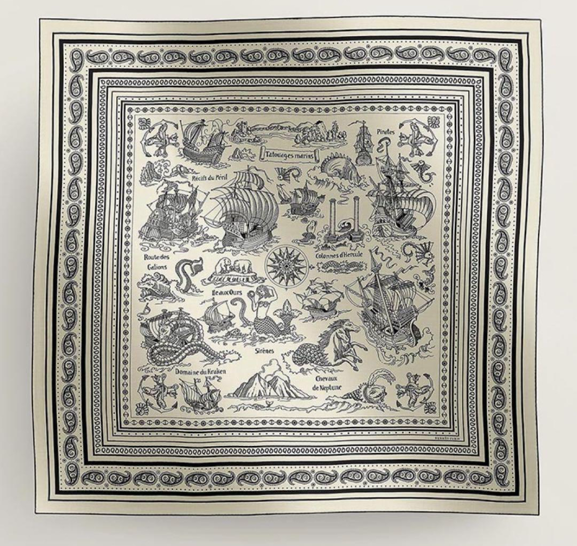 *Unused* Hermes shawl 140cm (Tatouages Marins/ black white)