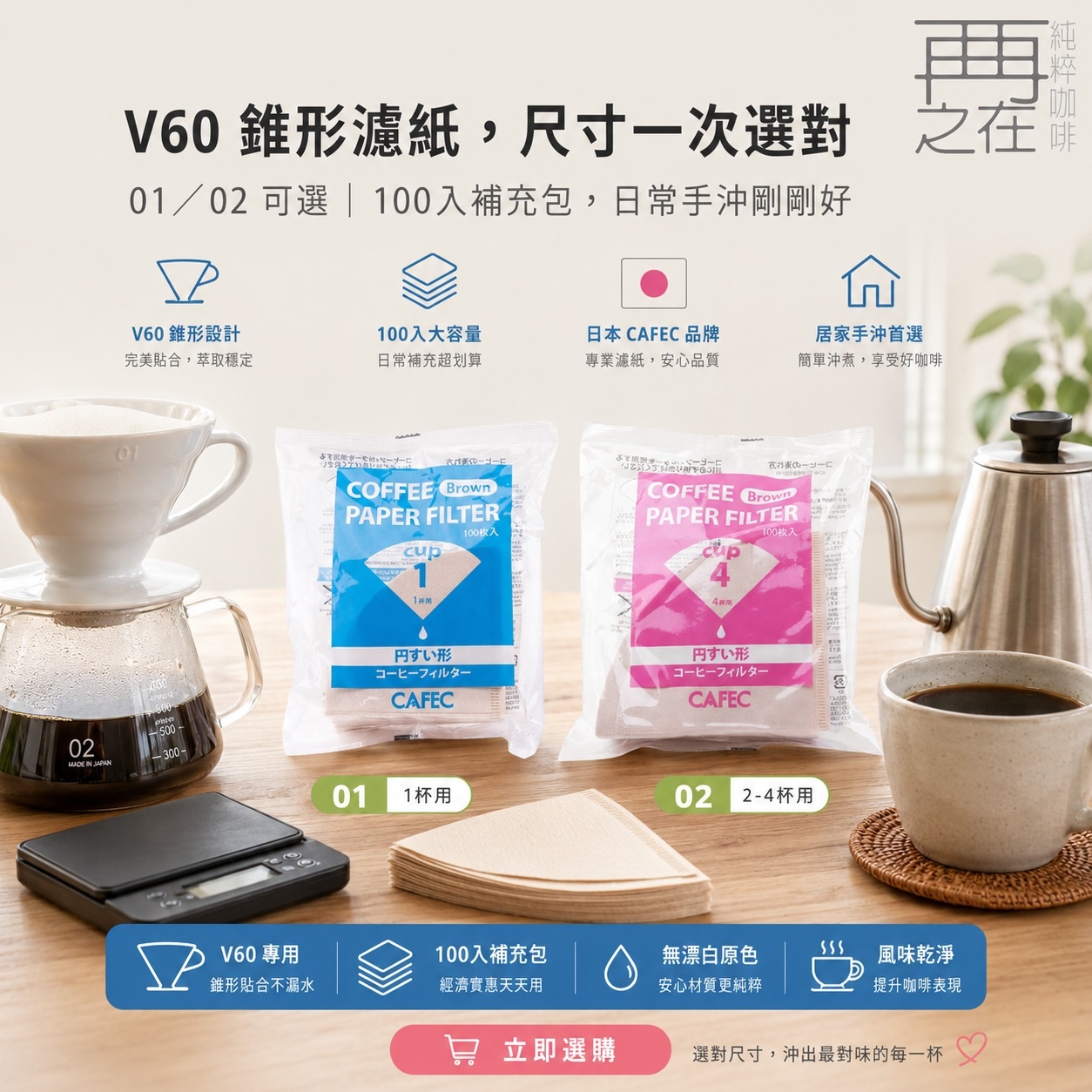 三洋 CAFEC 錐形無漂白 01 02 濾紙100入