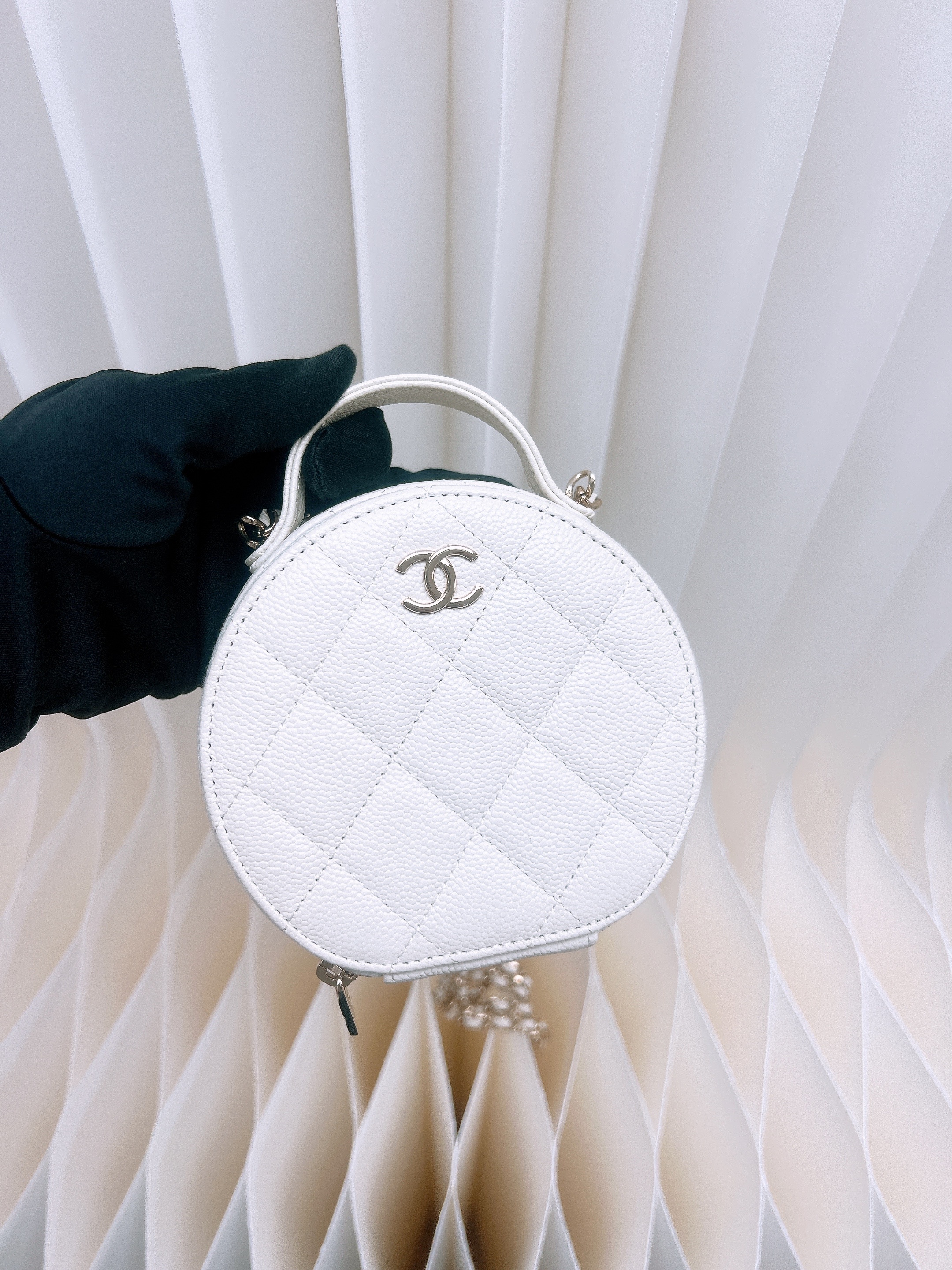 Chanel mini round bag (white caviar GHW)