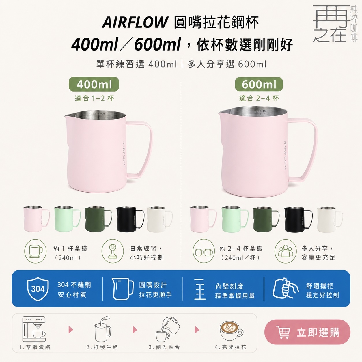 AIRFLOW 圓嘴拉花鋼杯 400ml 600ml