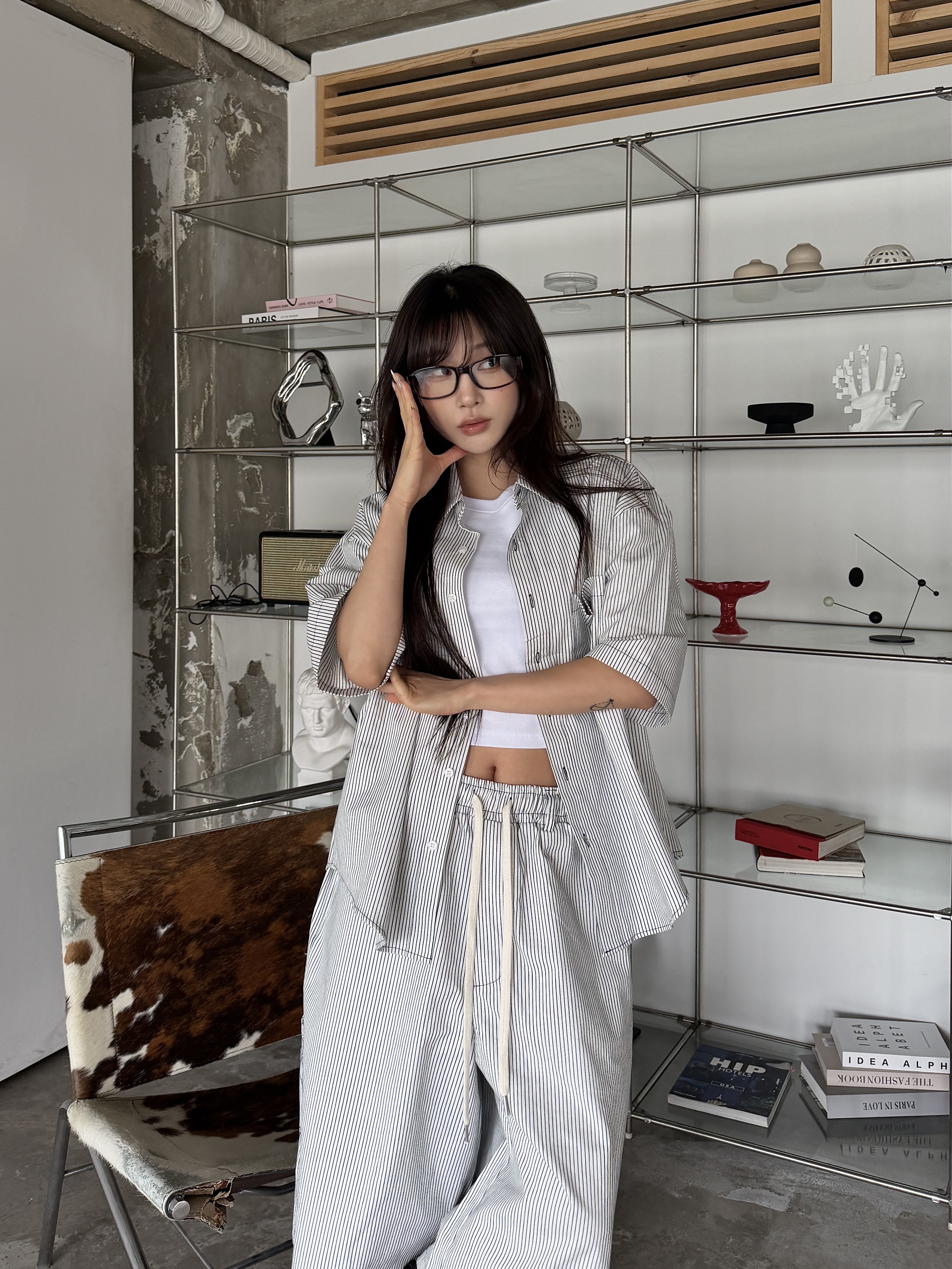 條紋造型 慵懶寬鬆套裝 短袖襯衫