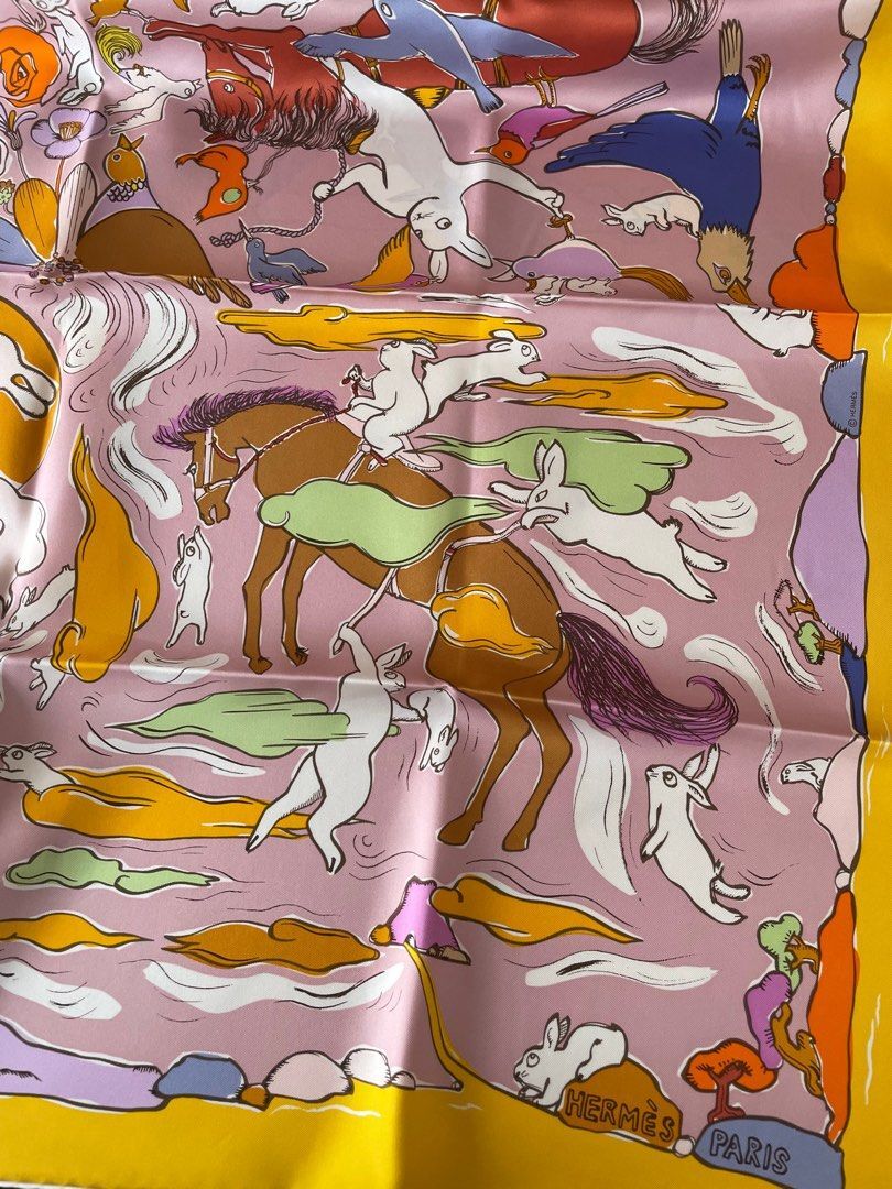 Hermes Mille ET UN LAPINS 90 scarf orange/purple