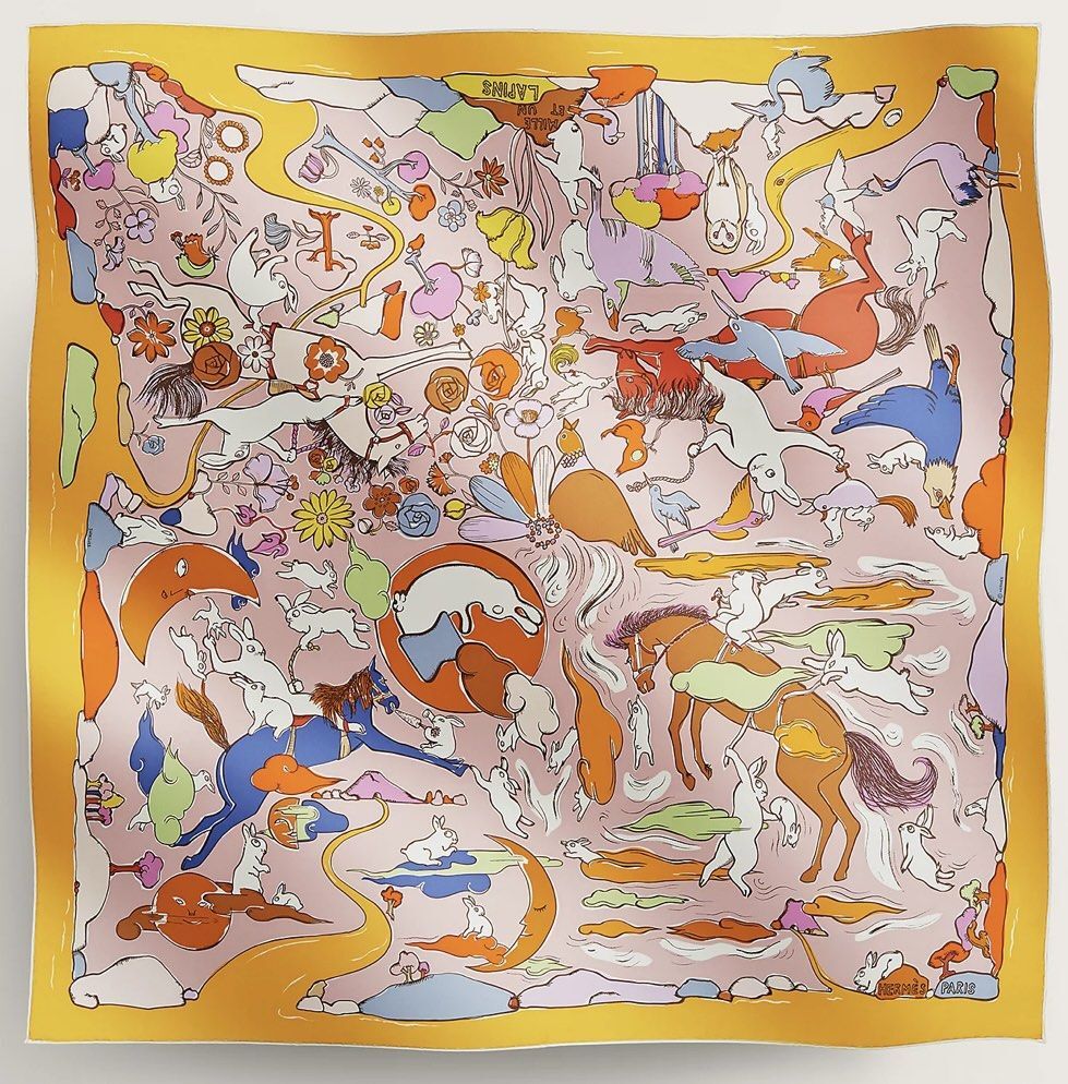 Hermes Mille ET UN LAPINS 90 scarf orange/purple