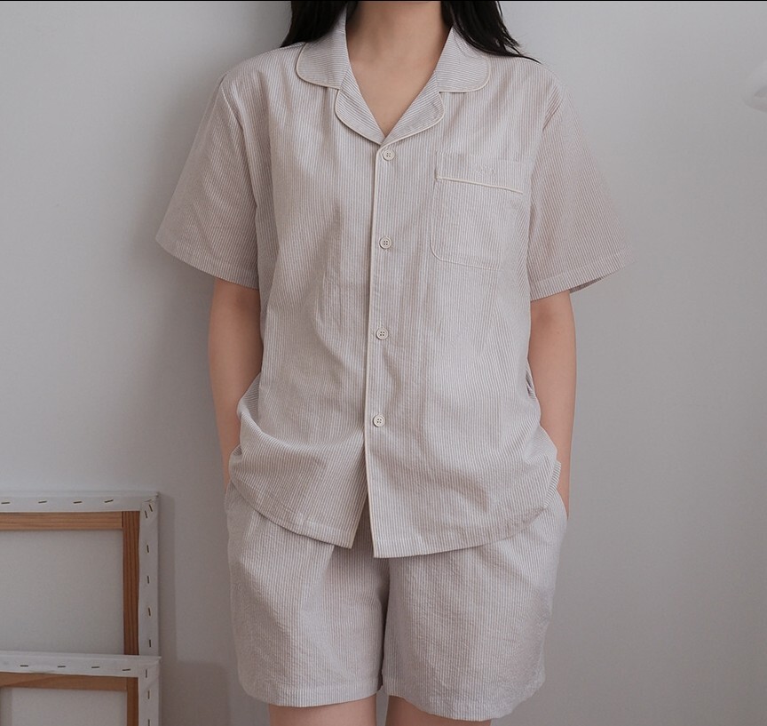 KOR-CCG0608-504 Salty 條紋短袖睡衣套裝 Cream Beige (A4L-XL)