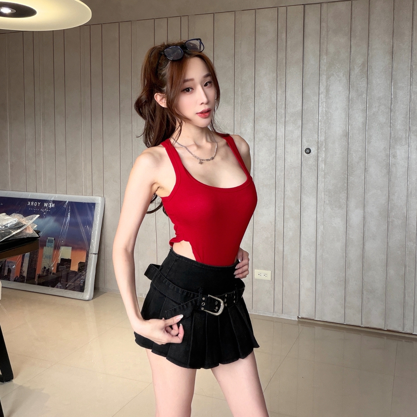 【制服辣妹】DOMISS高腰百褶褲裙-2色 顯瘦A字 安全褲 百褶裙 百搭短裙(現貨)