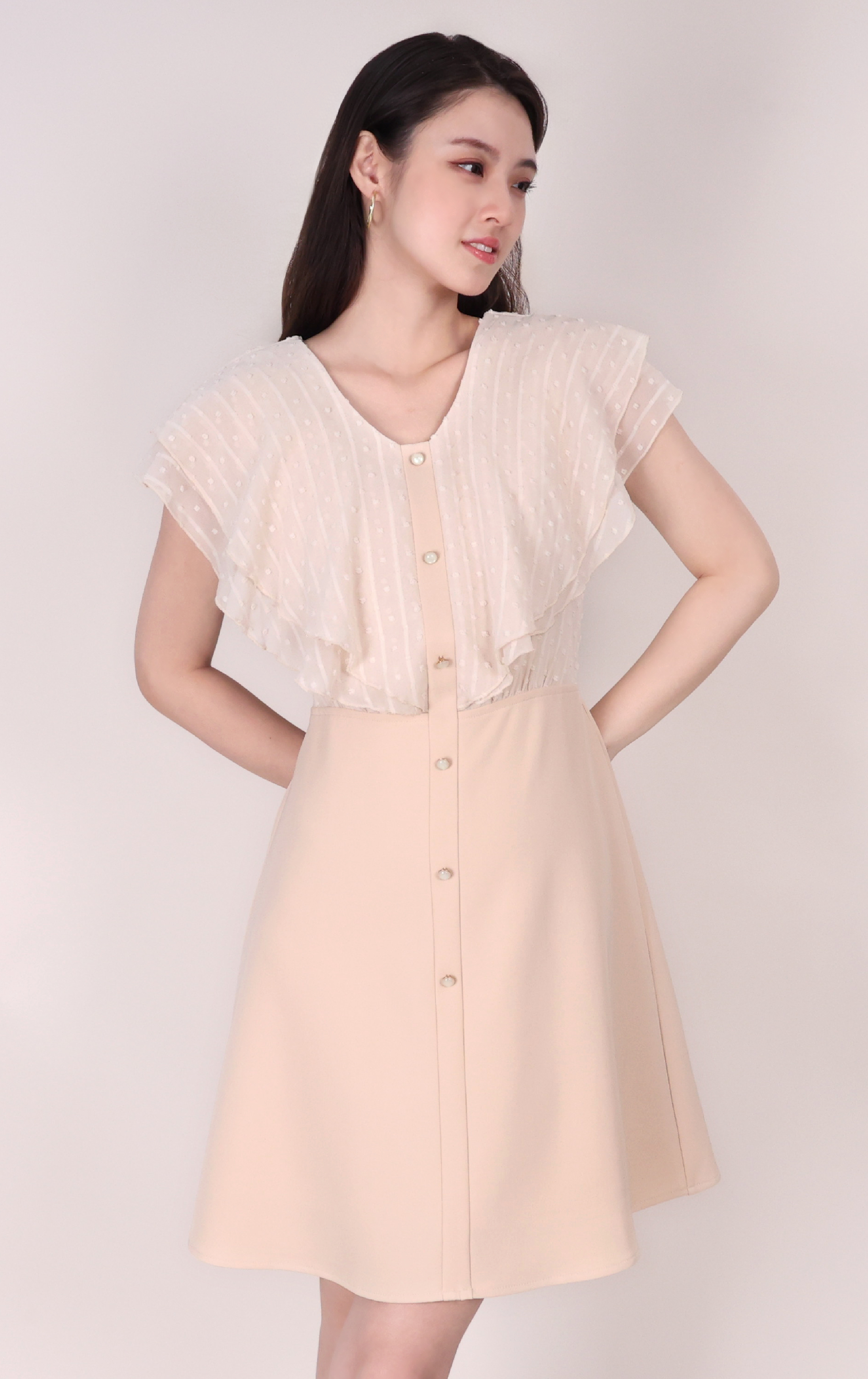 Chiffon Dobby Dot Buttoned Dress OP0664