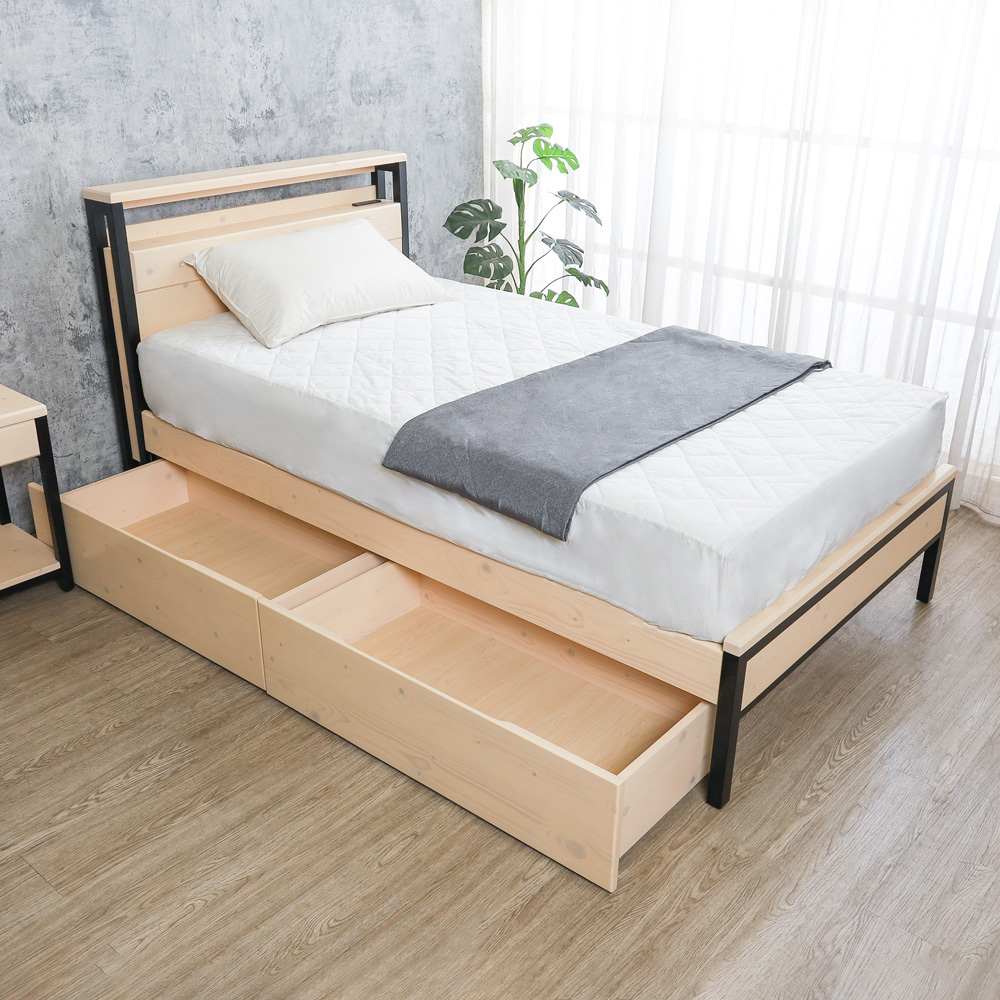 森林家具 溫斯3.5尺單人工業風書架型實木床架/床組-收納抽屜型-附插座(兩色可選)