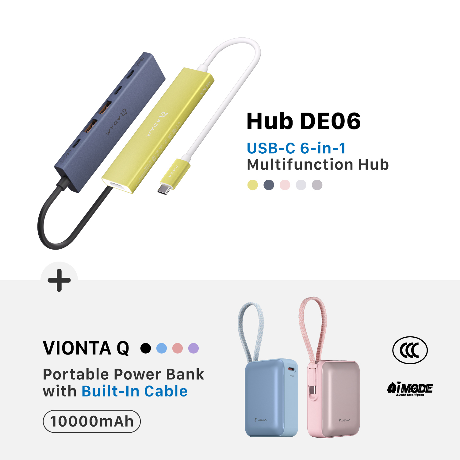 Hub DE06 USB-C 6-in-1 Multifunction Hub + VIONTA Q Ultra-Compact Power Bank with Built-in Cable