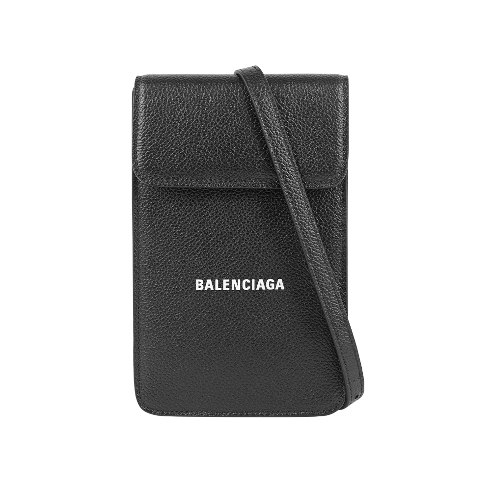 【Balenciaga】白字Logo 牛皮手機包/斜背包(黑色)