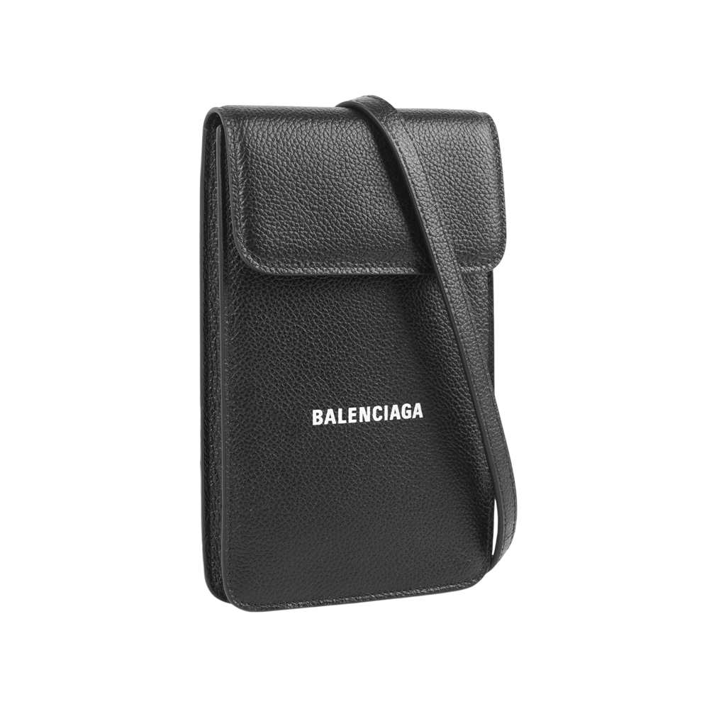 【Balenciaga】白字Logo 牛皮手機包/斜背包(黑色)