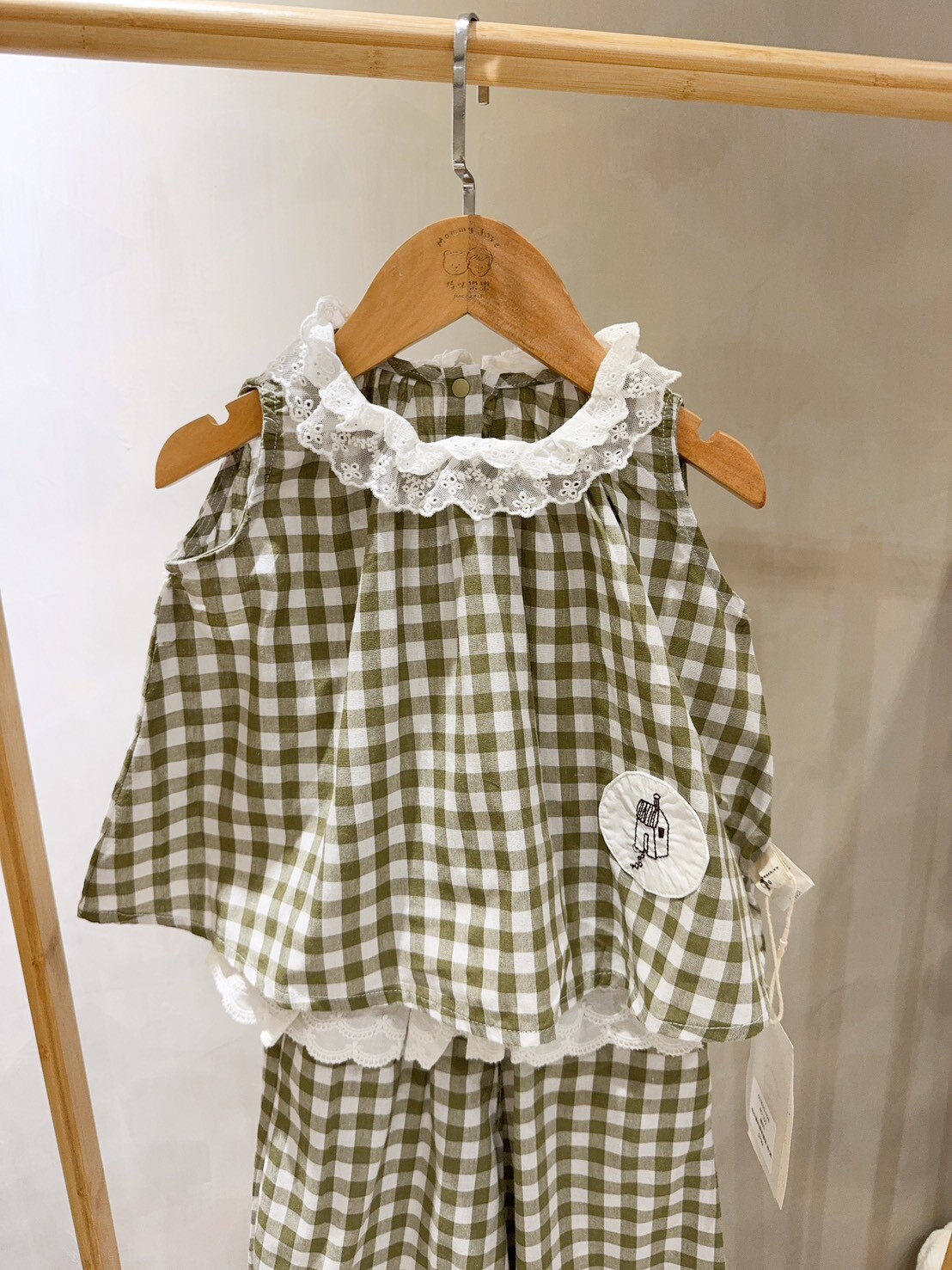N28 綠格紋蕾絲花邊套裝