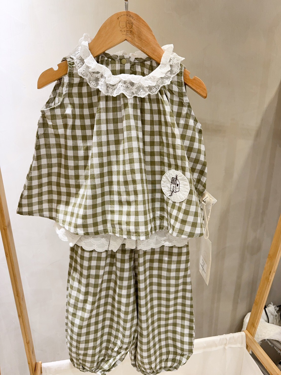 N28 綠格紋蕾絲花邊套裝