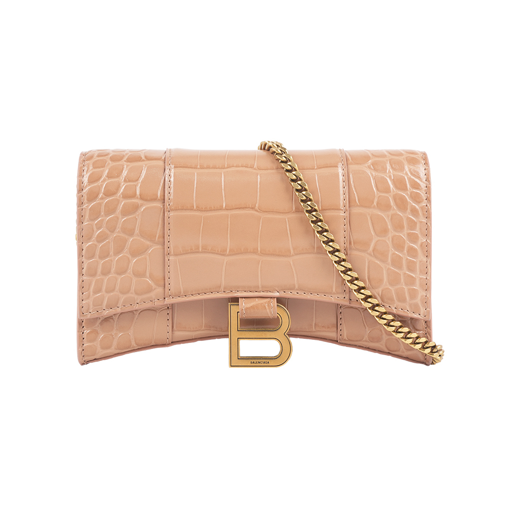 【Balenciaga】Hourglass 牛皮壓鱷魚紋皮夾式鏈包WOC(米色)
