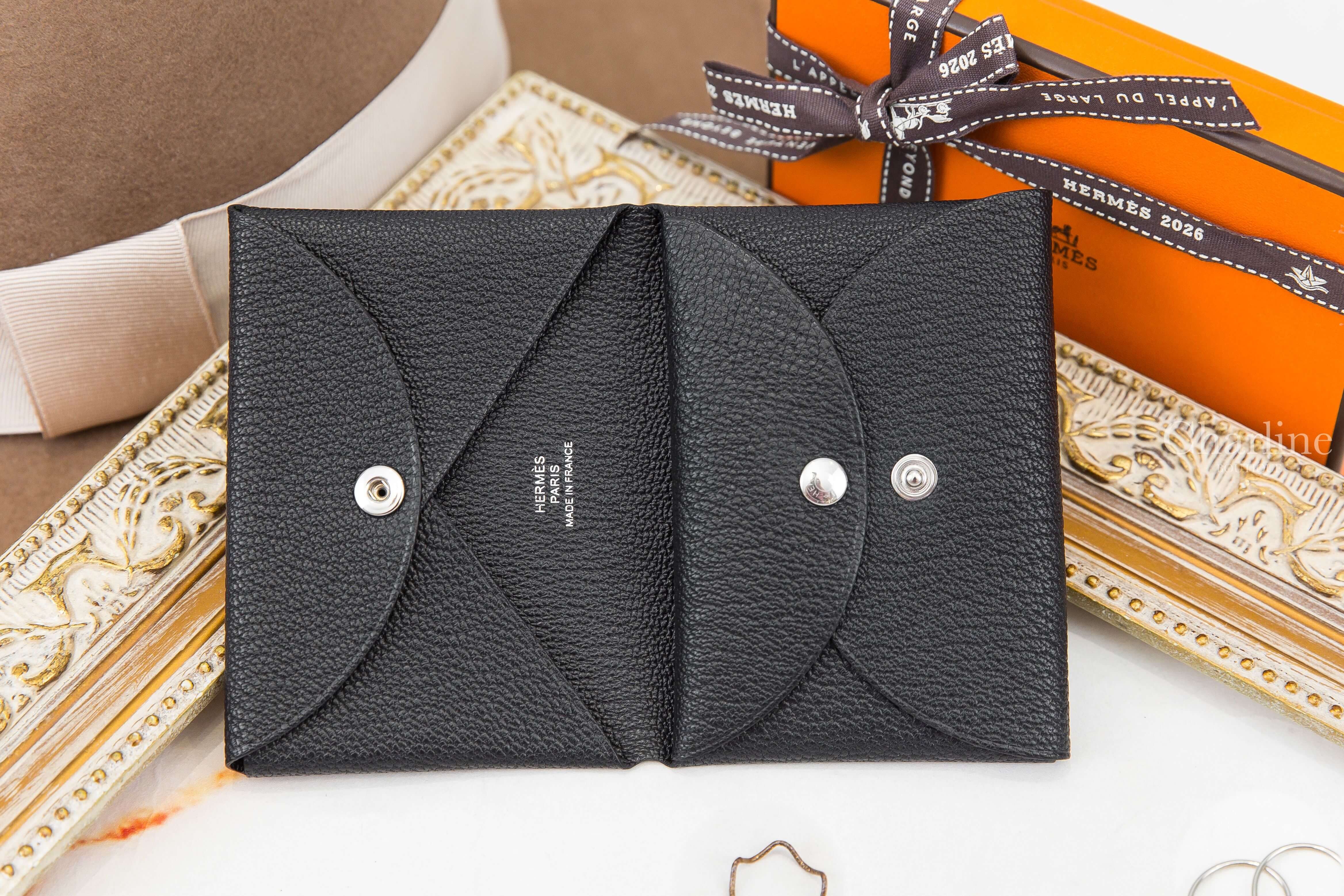 Hermès Calvi Duo Compact Card Holder 黑色山羊皮信封釦式零錢袋卡片夾