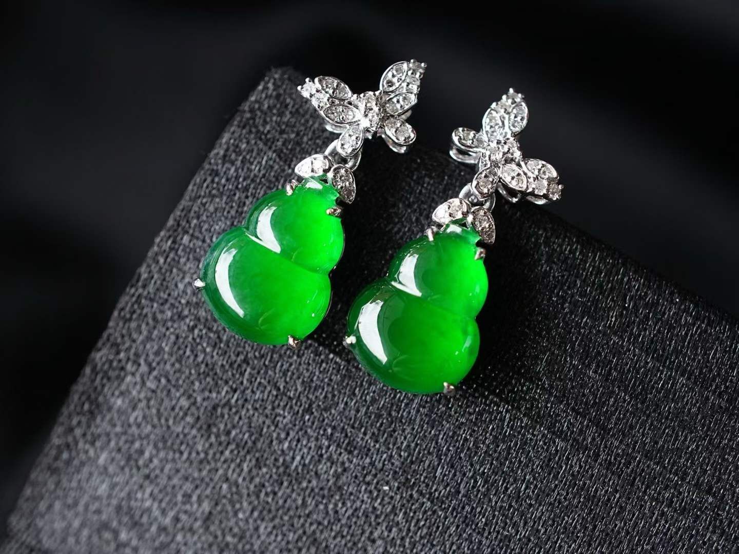 翡翠冰辣陽綠葫蘆耳釘,天然翡翠A玉, 緬甸玉, Jade, Jadeite