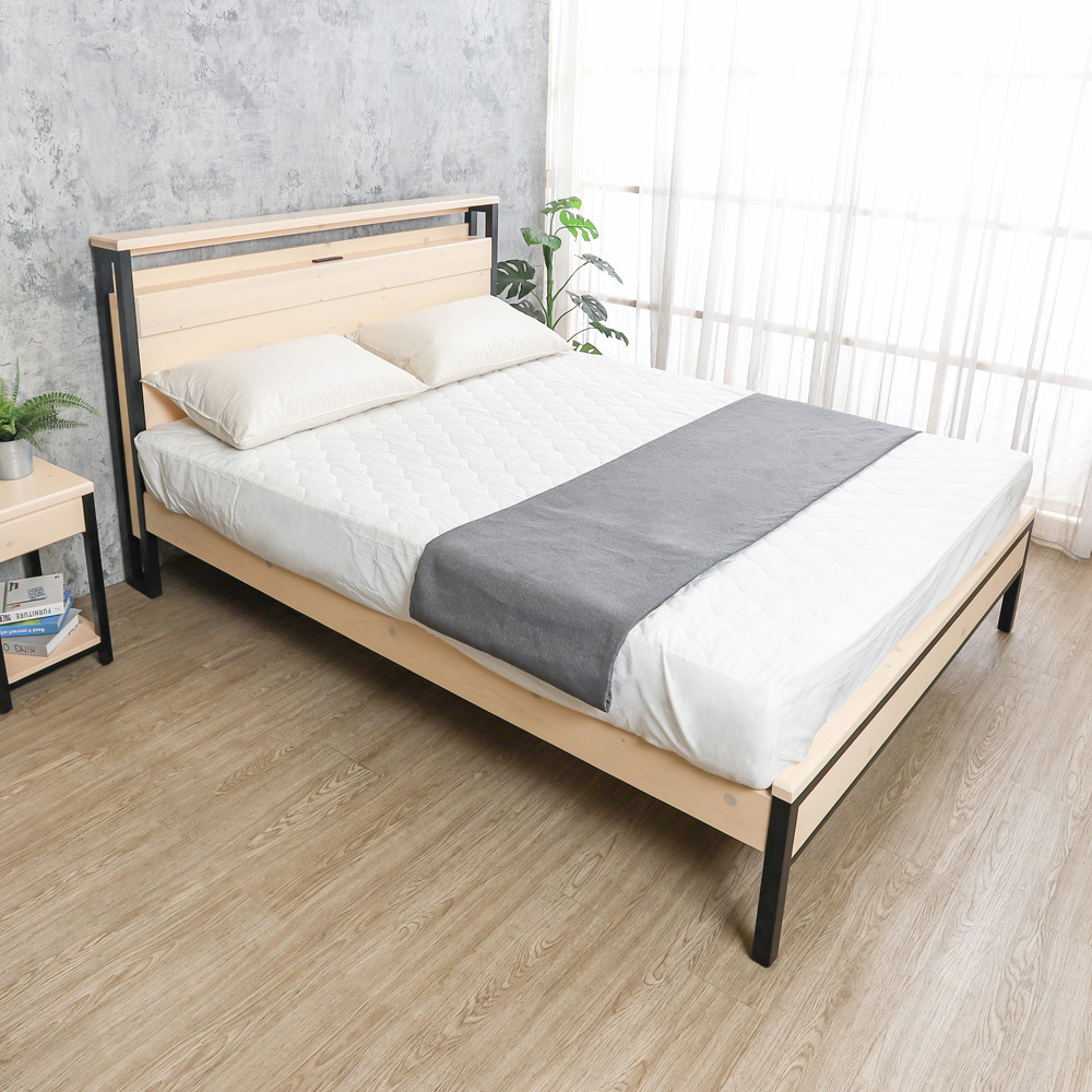 森林家具 溫斯5尺雙人工業風書架型實木床架/床組-附插座(兩色可選)